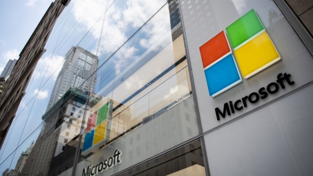 Signage is displayed on the exterior of the Microsoft Corp. flagship store in New York, U.S., on Saturday, July 14, 2018. Microsoft Corp. is scheduled to release earnings figures on July 19. Photographer: Mark Kauzlarich/Bloomberg
