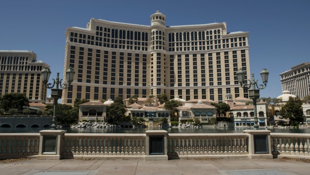 An empty sidewalk outside the MGM Resorts International Bellagio Resort & Casino.