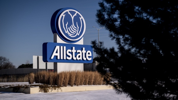 Allstate Corp. signage stands on display outside the company's headquarters in Northbrook, Illinois, U.S., on Tuesday, Jan. 21, 2020. For more than a decade, auto insurers have had ways to watch a driver's behavior, often using phone apps or so-called telematic devices that connect to a vehicle and send data to the insurers. Now, Allstate, is going a step further by translating the data into an insurance rate that can vary from week to week. Photographer: Christopher Dilts/Bloomberg