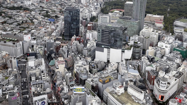 Commercial and residential buildings are seen from the Shibuya Sky observation deck.