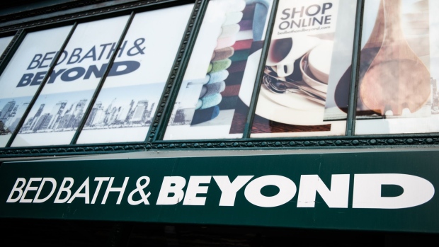 Signage is displayed outside a Bed Bath & Beyond Inc. store in New York, U.S., on Wednesday, July 3, 2019. Bed Bath & Beyond is scheduled to release earnings figures on July 10.