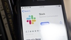 The Slack Technologies Inc. app is displayed in the App Store on a smartphone in an arranged photograph taken in Arlington, Virginia, U.S., on Tuesday, Sept. 8, 2020. Slack Technologies rose as much as 5.2% for its best intraday gain since August 26 ahead of second-quarter results expected postmarket Tuesday.