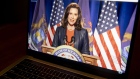 Gretchen Whitmer, governor of Michigan, speaks during the virtual Democratic National Convention seen on a laptop computer in Tiskilwa, Illinois, U.S., on Monday, Aug. 17, 2020.  Photographer: Daniel Acker/Bloomberg