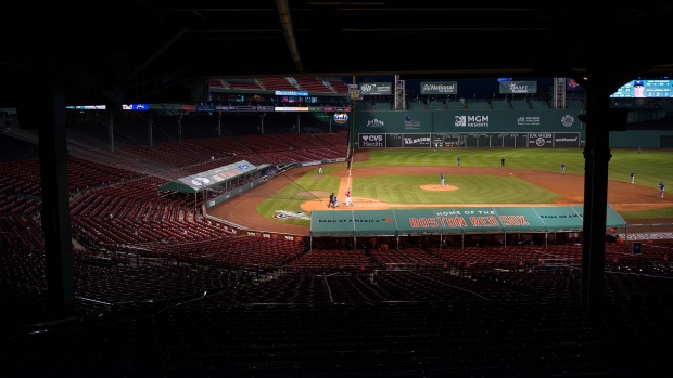 A general view of Fenway Park during the exhibition game between the Toronto Blue Jays and Boston Red Sox on July 22, 2020 in Boston, Massachusetts. Photographer: Kathryn Riley/Getty Images