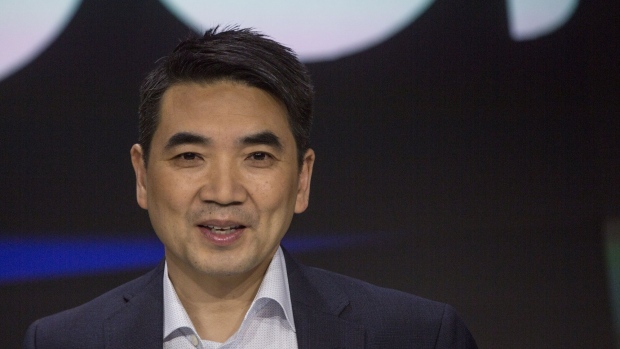 Eric Yuan, founder and chief executive officer of Zoom Video Communications Inc., stands before the opening bell during the company's initial public offering (IPO) at the Nasdaq MarketSite in New York, U.S., on Thursday, April 18, 2019. Zoom reported net income of $7.6 million on revenue of $331 million for the year ended January, and is now worth nine times the $1 billion valuation it secured after a funding round two years ago.