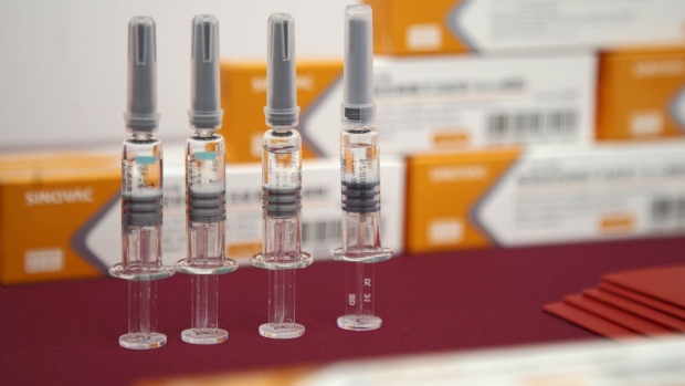 Vials of Sinovac Biotech Ltd.'s CoronaVac SARS-CoV-2 vaccine displayed at a media event in Beijing, on Sept. 24.