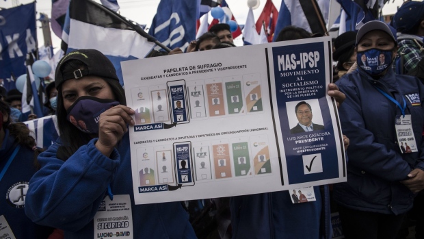 An attendee shows a sign replicating an electoral ballot during a campaign rally for Presidential candidate for the Movement for Socialism party (MAS) Luis Arce in La Paz, Bolivia, on Wednesday, Oct. 14, 2020. Former Economy and Public Finance Minister Luis Arce leads voter intention with 33.6% to 26.8% for former President Carlos Mesa.