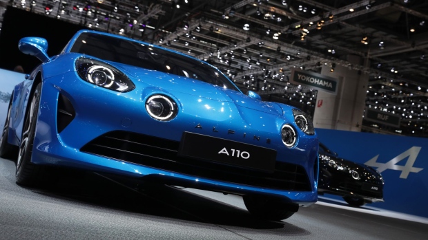 A Renault SA Alpine A110 sports coupe automobile stands on display on the first day of the 87th Geneva International Motor Show in Geneva, Switzerland, on Tuesday, March 7, 2017. The show opens to the public on March 9, and will showcase the latest models from the world's top automakers.