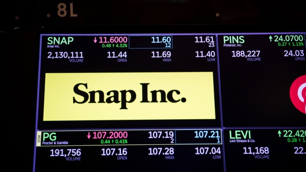 A monitor displays Snap Inc. signage on the floor of the New York Stock Exchange (NYSE) in New York, U.S., on Friday, May 24, 2019. U.S. equities climbed at the end of a bruising week in which escalating trade tensions dominated markets. Photographer: Michael Nagle/Bloomberg