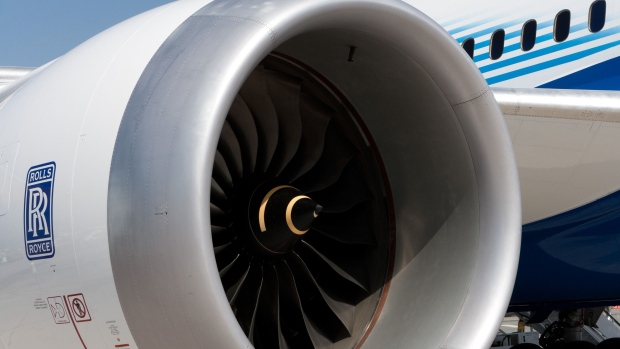 A Rolls Royce Holdings Plc Trent 1000 jet engine is seen on a Boeing Co. 787 Dreamliner aircraft on display at the Dubai Air Show in Dubai, United Arab Emirates.