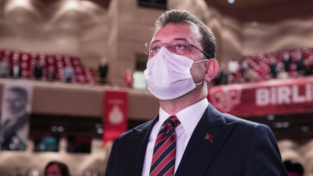 Ekrem Imamoglu, Istanbul's mayor, wears a protective face mask as he arrives for a news conference in Istanbul, Turkey, on Tuesday, June 23, 2020. The coronavirus crisis has thrust Turkey’s banks into the spotlight, with state-owned lenders in particular playing a key role in stabilizing the nation’s markets and helping the government finance its budget deficit. Photographer: Kerem Uzel/Bloomberg