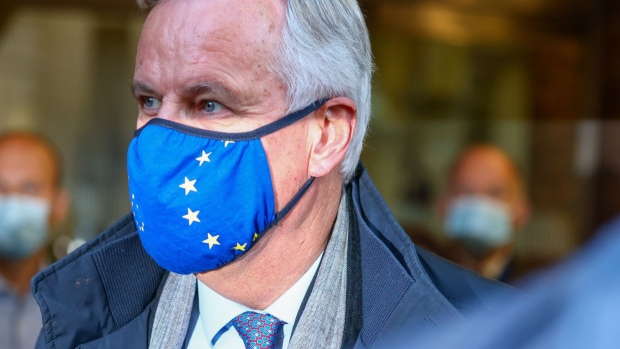 Michel Barnier, chief negotiator for the European Union (EU), arrives at St. Pancras International railway station in London, U.K., on Thursday, Oct. 22, 2020. The U.K. and the European Union will resume talks over a post-Brexit trade deal, less than a week after Boris Johnson suspended the discussions, amid growing signs an accord is in sight. Photographer: Simon Dawson/Bloomberg