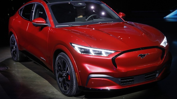 The Ford Motor Co. Mustang Mach-E electric sports utility vehicle (SUV) is unveiled during a reveal event in Hawthorne, California, U.S., on Sunday, Nov. 17, 2019
