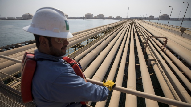 Oil transport pipelines in Saudi Aramco's Ras Tanura oil refinery and oil terminal in Saudi Arabia. 