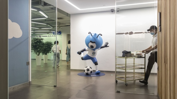 The Ant Group Co. mascot is displayed at the company's headquarters in Hangzhou, China, on Monday, Sept. 28, 2020. Jack Ma's Ant Group is seeking to raise $17.5 billion in its Hong Kong share sale and won't seek to lock in cornerstone investors, confident there will be plenty of demand for one of the largest equity deals in the financial hub, according to people familiar with the matter.