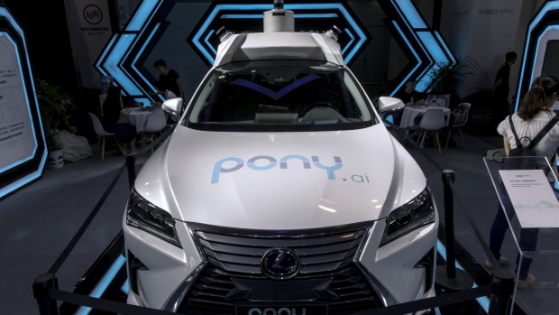 A vehicle stands on display at a Pony.ai Inc. booth at the World Artificial Intelligence Conference (WAIC) in Shanghai, China, on Thursday, Aug. 29, 2019. The conference runs through Aug. 31.