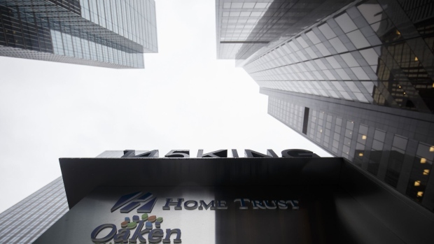 Signage for Home Trust Co., a subsidiary of Home Capital Group Inc., stands outside the company's headquarters in Toronto.