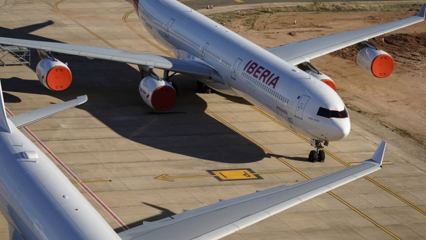 Engine intake and window covers on an Iberia passenger aircraft at Ciudad Real International Airport, in Ciudad Real, Spain, on Tuesday, Oct. 27, 2020. Ciudad Real airport reinvented the hub as a home for grounded planes, with capacity to store as many as 300 through a series of renovation projects.