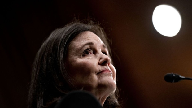 Judy Shelton, U.S. President Donald Trump's nominee for governor of the Federal Reserve, listens during a Senate Banking Committee confirmation hearing in Washington, D.C., U.S, on Thursday, Feb. 13, 2020. Shelton, a former economic adviser to Trump's campaign, has challenged whether the institution should regulate the value of money and whether its mandate, as set by Congress.