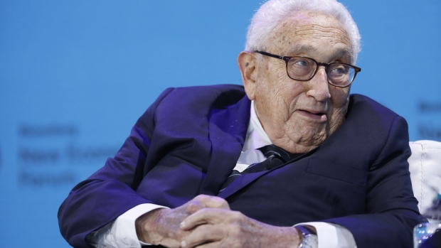 Henry Kissinger, former U.S. secretary of state, speaks at the Bloomberg New Economy Forum in Singapore, on Tuesday, Nov. 6, 2018. The New Economy Forum, organized by Bloomberg Media Group, a division of Bloomberg LP, aims to bring together leaders from public and private sectors to find solutions to the world's greatest challenges.
