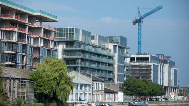 Blocks of residential apartments stand in the Grand Canal area of Dublin.