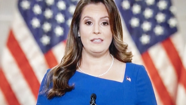 Representative Elise Stefanik, a Republican from New York, speaks during the Republican National Convention seen on a laptop computer in Tiskilwa, Illinois, U.S., on Wednesday, Aug. 26, 2020. Vice President Pence will make the case for a second term for himself and President Trump today capping a night at the convention designed to emphasize the military, law enforcement and public displays of patriotism.