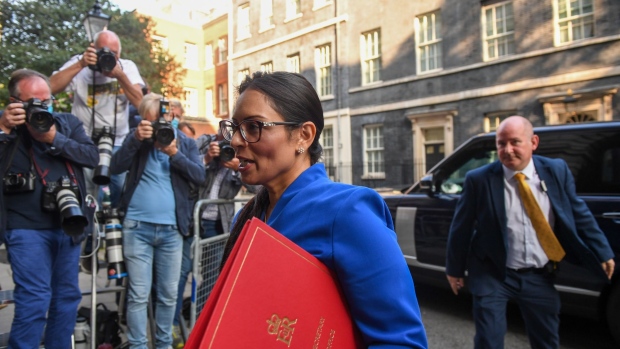 Priti Patel, U.K. home secretary, arrives for a meeting of cabinet ministers in London, U.K., on Tuesday, Sept. 15, 2020. U.K. Prime Minister Boris Johnson's plan to renege on part of the Brexit divorce deal passed its first hurdle in Parliament late Monday after a bruising debate in which senior members of his own party denounced the move.