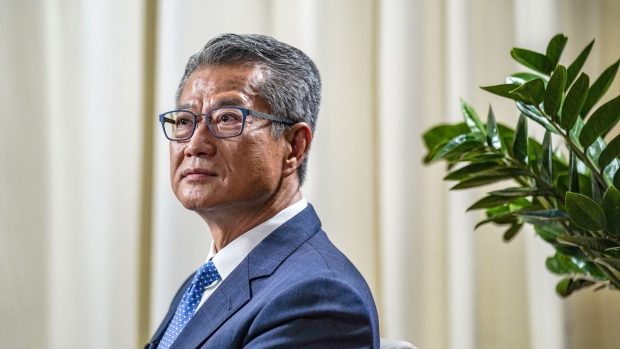 Paul Chan, Hong Kong's financial secretary, listens during a Bloomberg Television interview in Hong Kong, China, on Friday, June 5, 2020. Hong Kong is ready to defend the currency’s link to the U.S. dollar with the support of the mainland, and investors still retain confidence in the system, according Chan.
