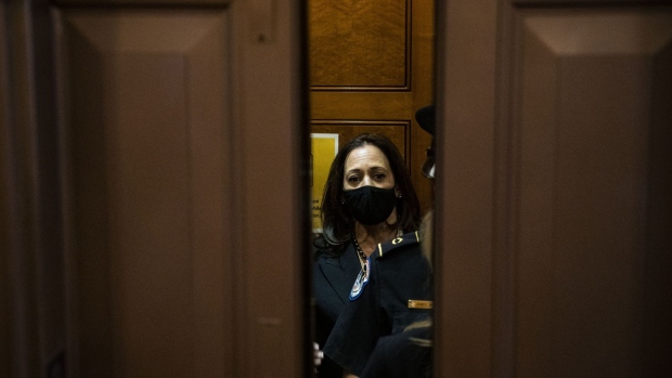 U.S. Vice President-elect Kamala Harris departs the Senate floor following a vote at the U.S. Capitol in Washington, D.C., U.S., on Tuesday, Nov. 17, 2020. Judy Shelton's nomination to the Federal Reserve Board was blocked in the Senate Tuesday, a stunning defeat for Senate Majority Leader Mitch McConnell and a blow to President Donald Trump's drive to reshape the U.S. central bank before he leaves office.