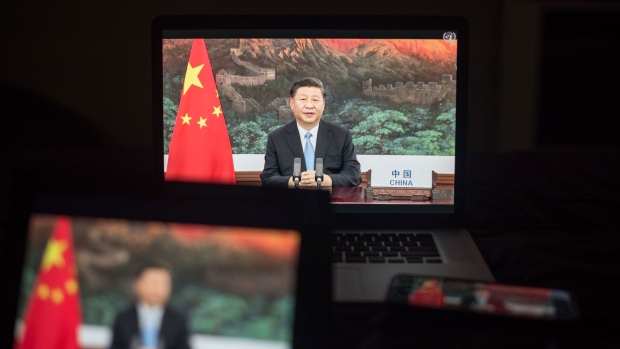 Xi speaks during the United Nations General Assembly, seen on a laptop computer on Sept. 22. 2020.  Photographer: Tiffany Hagler-Geard/Bloomberg