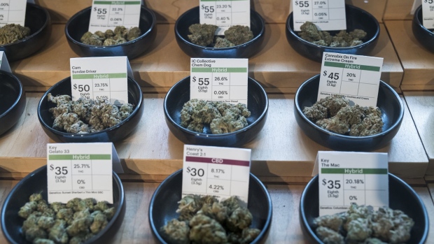 Different strains of cannabis are displayed for sale at the Harborside dispensary in Oakland, California, U.S., on Monday, March 23, 2020. California's shelter-in-place order vastly expands mandates put in place across the San Francisco Bay Area. It allows people in the most populous U.S. state to leave their homes for needed items like groceries and medicine, while otherwise requiring that they limit their social interactions. Photographer: David Paul Morris/Bloomberg