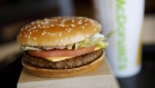 The "P.L.T." sandwich is arranged for a photograph at a McDonald's Corp. restaurant in London, Ontario, Canada, on Wednesday, Jan. 8, 2020. Fifty-two McDonald's locations in southwestern Ontario will now serve the "P.L.T." -- plant, lettuce and tomato that feature Beyond Meat's pea-based patties-- for 12 weeks starting Jan. 14.