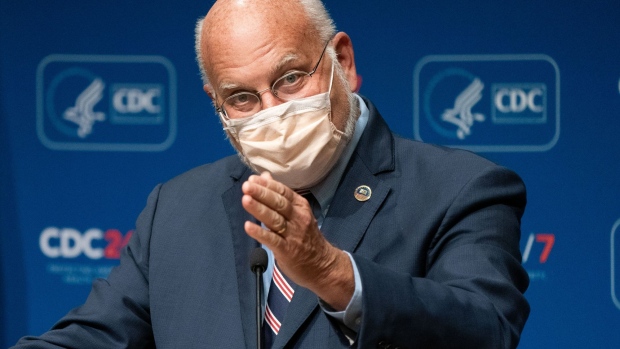 Robert Redfield, director of the Centers for Disease Control and Prevention (CDC), speaks during a news conference at the CDC Roybal Campus in Atlanta, Georgia, U.S., on Wednesday, Oct. 21, 2020.
