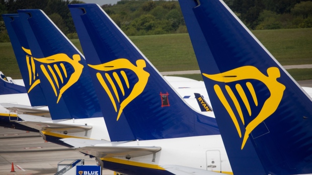 Passenger aircraft, operated by Ryanair Holdings Plc, stand on the tarmac at London Stansted Airport in Stansted, U.K., on Friday, May 1, 2020. Photographer: Chris Ratcliffe/Bloomberg