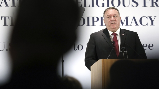 US Secretary of State Michael Pompeo speaks during a U.S. Embassy to the Holy Sees symposium on Religious Freedom in Rome, Italy, on Wednesday Sept. 30, 2020. Pompeo urged the Vatican to ramp up its opposition to governments abusing religious freedom, as he sought allies state for the administration’s push against China. Photographer: Alessia Pierdomenico/Bloomberg