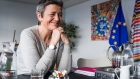 Margrethe Vestager, competition commissioner of the European Commission, reacts during an interview in her office in Brussels, Belgium, on Tuesday, Feb. 25, 2020. The European Union’s review of Google’s plan to buy Fitbit Inc. won’t involve privacy regulators, the bloc’s antitrust chief insisted, days after data watchdogs warned about how tech giants could use M&A to access citizens’ private information.