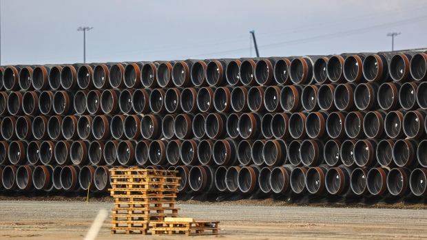 Sections of Nord Stream 2 gas pipeline at the Baltic port of Mukran in Sassnitz, Germany, on Wednesday, Nov. 4, 2020. Chancellor Angela Merkel’s district on the Baltic coast was the site of the last major Soviet military project in communist East Germany and is now at the center of a deepening rift between Cold War allies. Photograph: Alex Kraus/Bloomberg