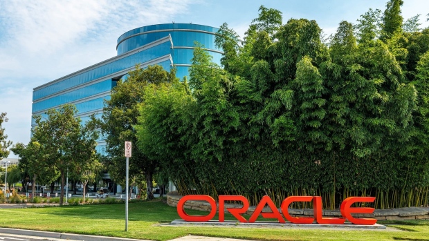 Signage is displayed outside the Oracle Corp. headquarters campus in Redwood City, California, U.S., on Tuesday, Aug. 18, 2020. Oracle Corp., the world's second-largest software maker, is weighing a surprise bid for part of TikTok's business, seeking to rival Microsoft Corp. in the race to acquire the viral video streaming app, according to people familiar with the matter.