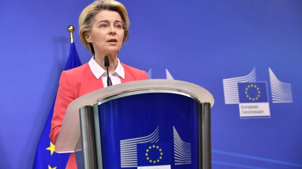 Ursula von der Leyen, president of the European Commission, speaks during a news conference at the Berlaymont building in Brussels, Belgium, on Sunday, Dec. 13, 2020. Prime Minister Boris Johnson and von der Leyen are expected to agree to allow negotiations over a post-Brexit trade deal to continue beyond Sunday’s deadline.