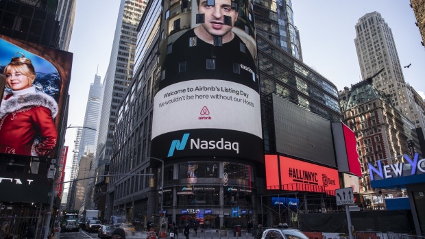Brian Chesky, co-founder and chief executive officer of Airbnb Inc., speaks virtually during the company's initial public offering (IPO) at the Nasdaq MarketSite in New York, U.S., on Thursday, Dec. 10, 2020. Airbnb Inc. priced its long-awaited initial public offering above a marketed range to raise about $3.5 billion, seizing on investor demand for a home-rental business roaring back from a pandemic-fueled slump.