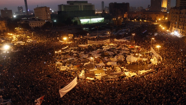 Hundreds of thousands of anti-government demonstrators crowd Cairo's Tahrir square on Feb. 8, 2011 in the largest protests since the start of a revolt against President Hosni Mubarak.