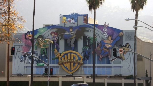 Animated characters and signage are displayed on the Warner Bros Entertainment Inc. Studios