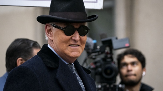 Roger Stone, former adviser to Donald Trump's presidential campaign, center, arrives federal court in Washington, D.C., U.S., on Thursday, Feb. 20, 2020. Stone was sentenced to 3 years and four months behind bars for lying to Congress and tampering with a witness to protect the president during the Russia investigation.