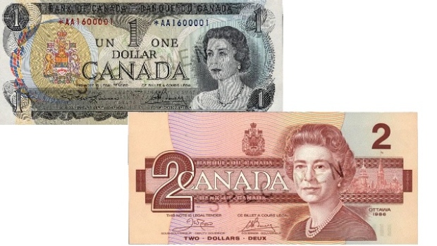 $1 and $2 Canadian bills