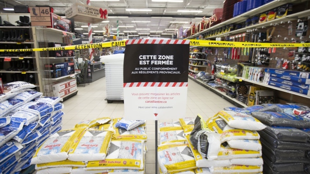 Non-essential goods are cordoned off at a Montreal big-box store to comply with Quebec public-health restrictions on Dec. 29, 2020.