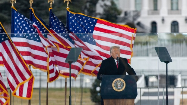 U.S. President Donald Trump speaks during a "Save America Rally" near the White House in Washington, D.C., U.S., on Wednesday, Jan. 6, 2021. Trump's months-long effort to toss out the election results and extend his presidency will meet its formal end this week, but not without exposing political rifts in the Republican Party that have pitted future contenders for the White House against one another.