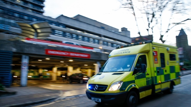 An ambulance at the Royal Free Hospital in London, U.K., on Monday, Jan. 4, 2021. Hospitals across Britain are struggling with rising numbers of severely ill patients, the Guardian reported, citing staff from various medical centers. Photographer: Hollie Adams/Bloomberg