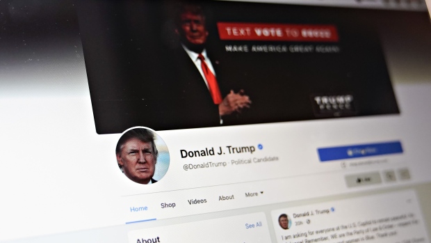 The Facebook account for U.S. President Donald Trump on a laptop computer arranged in Arlington, Virginia, U.S., on Thursday, Jan. 7, 2021. Facebook Inc. Chief Executive OfficerMark Zuckerbergsaid that the current block on Trump's Facebook and Instagram accounts will be extended indefinitely and for at least the next two weeks.