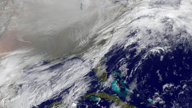 A satellite image shows the entry of a large area of low pressure, from the Polar Vortex, into the Northern U.S., on Jan. 6, 2014.