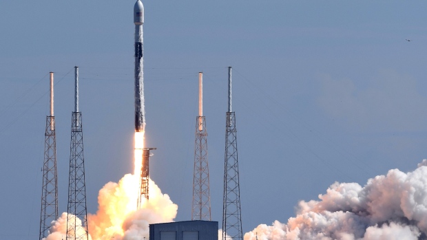 Cape Canaveral, Florida, United States - A SpaceX Falcon 9 rocket carrying 58 satellites for SpaceX's Starlink broadband internet network and three SkySat earth-imaging satellites launches from pad 40 at Cape Canaveral Air Force Station on August 18, 2020 in Cape Canaveral, Florida.